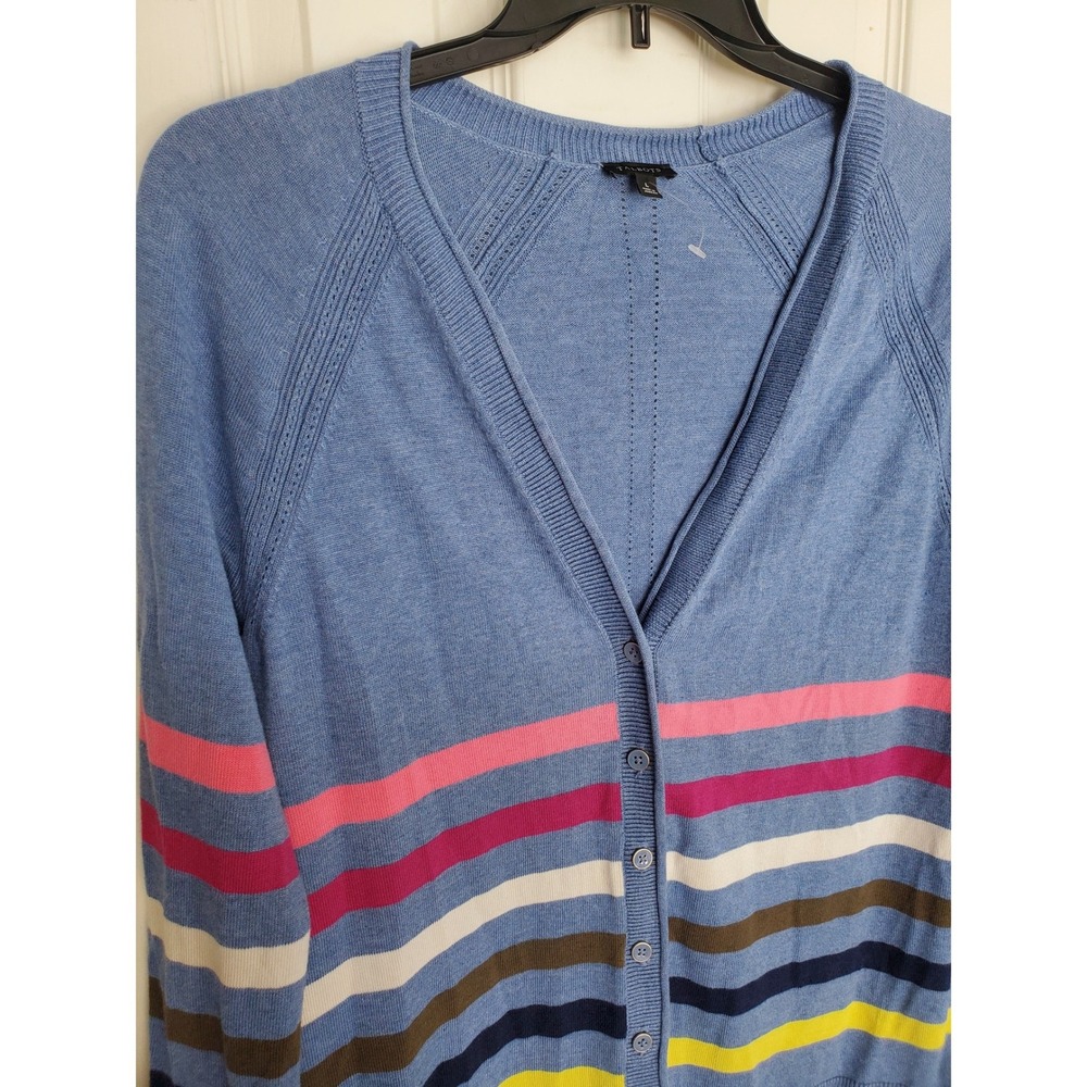 Talbots Girlfriend Cardigan Sweater Blue Multi Color Stripe Button Front Knit L